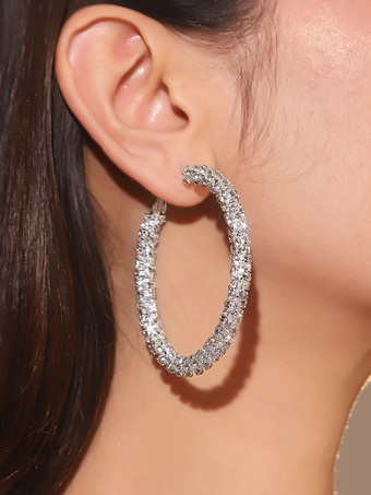 シルバー 女性のためのシンプルなラインストーンの大きなフープイヤリング 2025