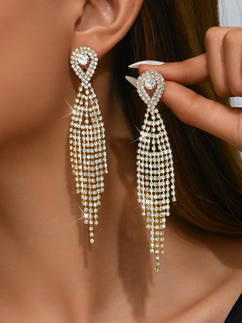 ゴールド 女性のための光沢のあるラインストーンタッセルイヤリング 2025