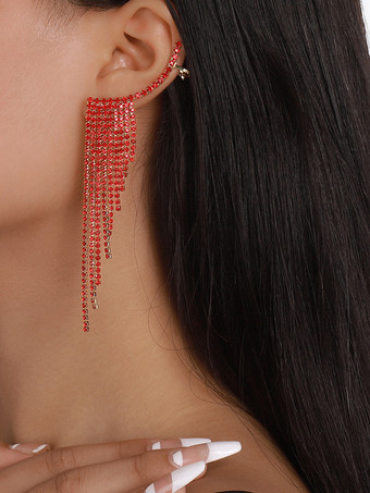 レッド 女性用タッセルラインストーンイヤリング 2025