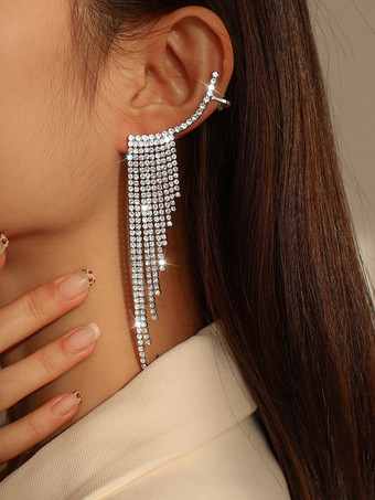 シルバー 女性用タッセルラインストーンイヤリング 2025