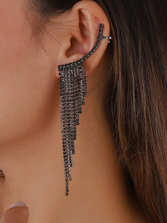 ブラック 女性用タッセルラインストーンイヤリング 2025