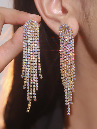 ゴールド 女性のための光沢のある長いタッセルラインストーンイヤリング 2025