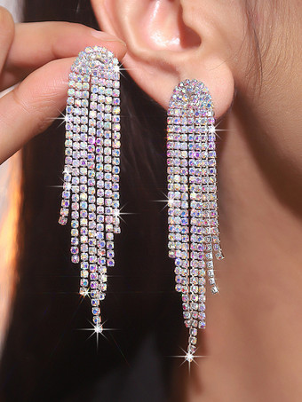 シルバー 女性のための光沢のある長いタッセルラインストーンイヤリング 2025