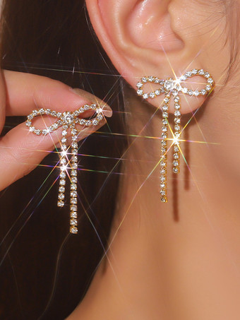 ゴールド 女性のための光沢のあるリボンラインストーンイヤリング 2025