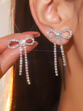 シルバー 女性のための光沢のあるリボンラインストーンイヤリング 2025