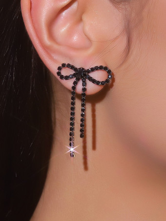 ブラック 女性のための光沢のあるリボンラインストーンイヤリング 2025