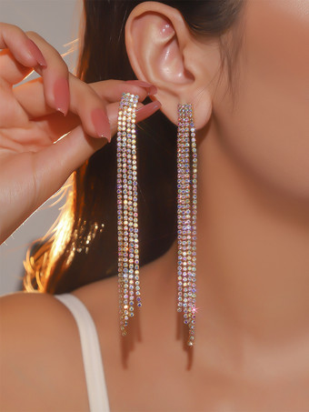 ライトゴール女性用ロングタッセルラインストーンイヤリング 2025