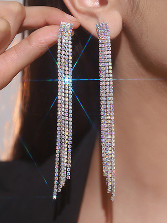 ホワイト 女性用ロングタッセルラインストーンイヤリング 2025