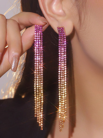 パープル 女性用ロングタッセルラインストーンイヤリング 2025
