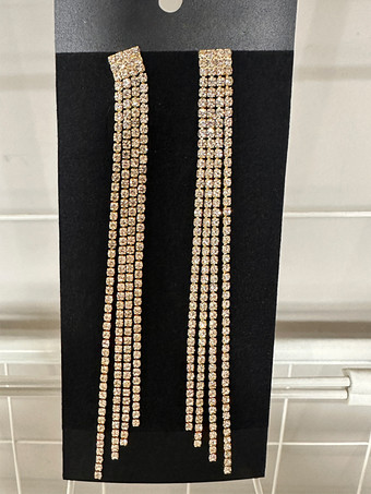 ゴールド 女性用ロングタッセルラインストーンイヤリング 2025