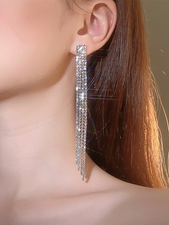 シルバー 女性用ロングタッセルラインストーンイヤリング 2025