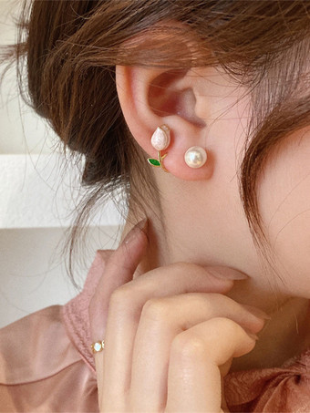 チューリップの花と真珠のイヤリング 2025 女性用