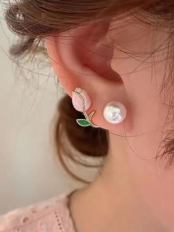 チューリップの花と真珠のイヤリング 2025 女性用