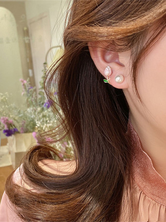 チューリップの花と真珠のイヤリング 2025 女性用