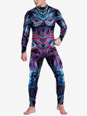 ディープブルーパターニング全身タイツ ハロウィン キャットスーツコスチューム 未来的機械鎧ジャンプスーツ クールファイターコスプレボディスーツ 3Dプリント スチームパンク パーティーショー メンズ ゼンタイスーツ