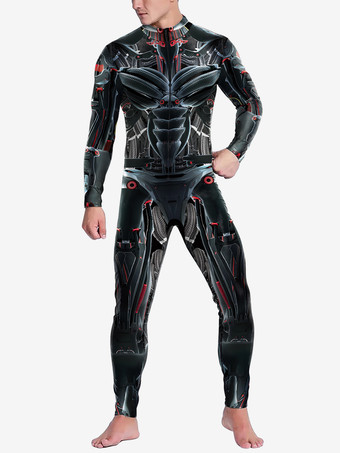 ダークグレー パターニング全身タイツ ハロウィン キャットスーツコスチューム 未来的機械鎧ジャンプスーツ クールファイターコスプレボディスーツ 3Dプリント スチームパンク パーティーショー メンズ ゼンタイスーツ