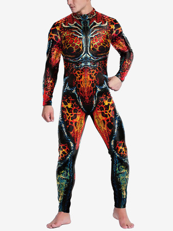 オレンジパターニング全身タイツ ハロウィン キャットスーツコスチューム 未来的機械鎧ジャンプスーツ クールファイターコスプレボディスーツ 3Dプリント スチームパンク パーティーショー メンズ ゼンタイスーツ