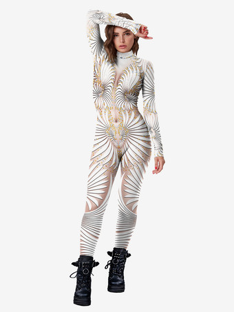 アイボリー パターニング全身タイツ ハロウィン 女性用 3D プリント ボディスーツ ジッパー付き ハロウィン コスチューム 全身ダンス ジャンプスーツ 女性用