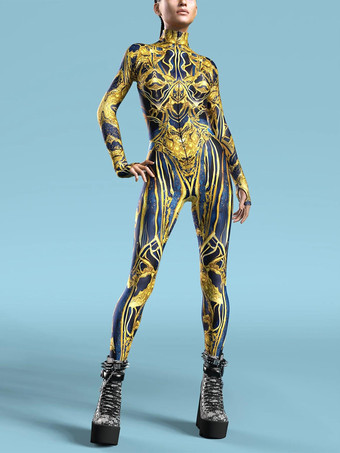 ゴールド パターニング全身タイツ ハロウィン オーシャンタイダイコスプレ衣装ジャンプスーツハロウィンパーティージャンプスーツカーニバル女性全身タイツボディ服タイツボディワンピース