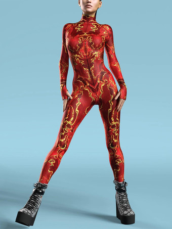 レッド パターニング全身タイツ ハロウィン オーシャンタイダイコスプレ衣装ジャンプスーツハロウィンパーティージャンプスーツカーニバル女性全身タイツボディ服タイツボディワンピース