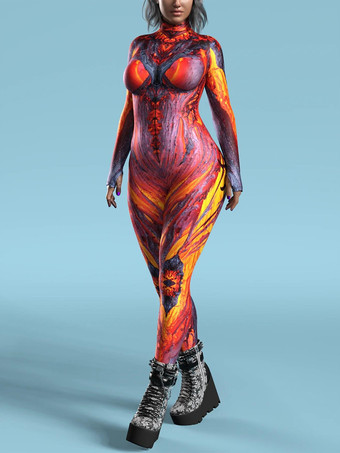 イエローパターニング全身タイツ ハロウィン レディース レッドボディ サーマルイメージングプリント コスプレジャンプスーツ ハロウィン パフォーマンスコスチューム ボディスーツ ボディコン ラージ