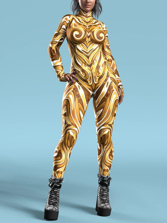 ゴールドパターニング全身タイツ ハロウィン レディース レッドボディ サーマルイメージングプリント コスプレジャンプスーツ ハロウィン パフォーマンスコスチューム ボディスーツ ボディコン ラージ
