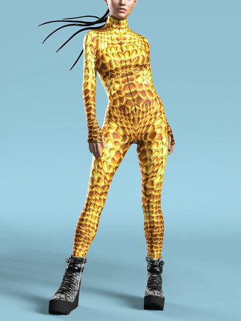 ゴールド パターニング全身タイツ ハロウィン レディース レッドボディ サーマルイメージングプリント コスプレジャンプスーツ ハロウィン パフォーマンスコスチューム ボディスーツ ボディコン ラージ