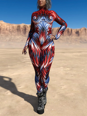 ワインレッド パターニング全身タイツ ハロウィン レディース レッドボディ サーマルイメージングプリント コスプレジャンプスーツ ハロウィン パフォーマンスコスチューム ボディスーツ ボディコン ラージ