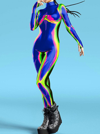 ブルー パターニング全身タイツ ハロウィン レディース レッドボディ サーマルイメージングプリント コスプレジャンプスーツ ハロウィン パフォーマンスコスチューム ボディスーツ ボディコン ラージ