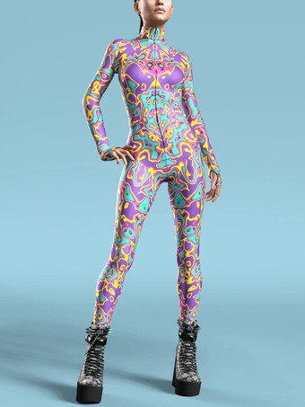 ライトスカイブルーパターニング全身タイツ ハロウィン レディース レッドボディ サーマルイメージングプリント コスプレジャンプスーツ ハロウィン パフォーマンスコスチューム ボディスーツ ボディコン ラージ