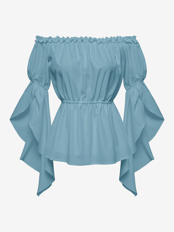ライトスカイブルーレディース ルネッサンス ゴシック ブラウス ベルスリーブ フリル オフショルダー ボヘミアン コルセット トップ
