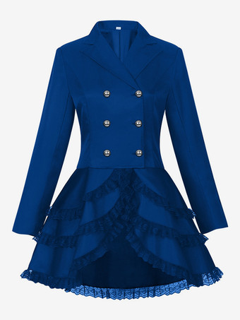 ブルー ミドル丈パンクレディースゴシックジャカードダブルブレストスーツブラックスワローテイルコートヨーロッパアメリカ