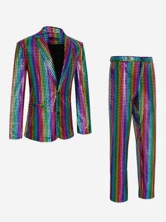 メンズ スパンコール ブレザー メタリック スリム スーツ 2ピースセット ディスコ プロム 光沢のある衣装 ウェディング パーティー 宴会 ファッション ジャケットとパンツ