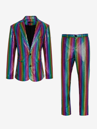 レッド メンズ スパンコール ブレザー メタリック スリム スーツ 2ピースセット ディスコ プロム 光沢のある衣装 ウェディング パーティー 宴会 ファッション ジャケットとパンツ