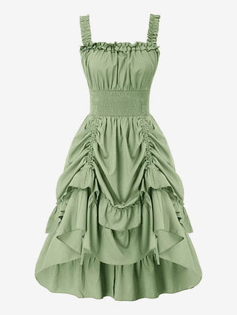 グリーン ゴシック コルセット ドレス レディース ビクトリアン ルネッサンス ドレス フリル 中世 ガウン ノースリーブ サスペンダー ドレス ウエスト ドレス