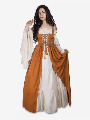 オレンジ 女性用ルネッサンスオーバードレス中世農民コスチュームドレス