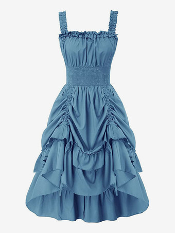 ライトスカイブルーゴシック コルセット ドレス レディース ビクトリアン ルネッサンス ドレス フリル 中世 ガウン ノースリーブ サスペンダー ドレス ウエスト ドレス