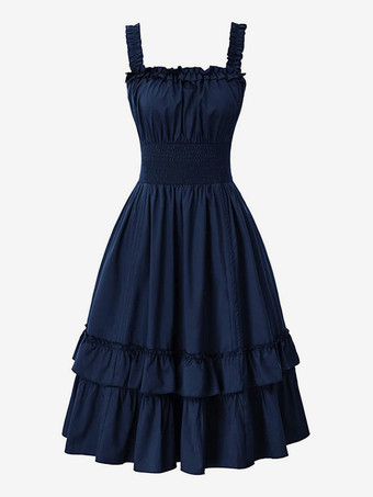 ディープブルーゴシック コルセット ドレス レディース ビクトリアン ルネッサンス ドレス フリル 中世 ガウン ノースリーブ サスペンダー ドレス ウエスト ドレス