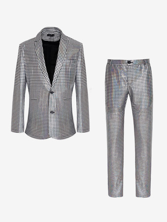 シルバー メンズ スパンコール ブレザー メタリック スリム スーツ 2ピースセット ディスコ プロム 光沢のある衣装 ウェディング パーティー 宴会 ファッション ジャケットとパンツ