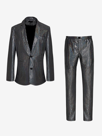 ブラック メンズ スパンコール ブレザー メタリック スリム スーツ 2ピースセット ディスコ プロム 光沢のある衣装 ウェディング パーティー 宴会 ファッション ジャケットとパンツ