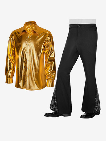 ゴールド メンズ 2ピース ディスコセット 光沢のある70年代のヴィンテージディスコシャツとスパンコールベルボトムパンツ レトロヒッピーディスコスタイル デュードコスチュームスーツ