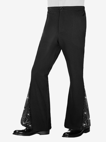 メンズ 2ピース ディスコセット 光沢のある70年代のヴィンテージディスコシャツとスパンコールベルボトムパンツ レトロヒッピーディスコスタイル デュードコスチュームスーツ