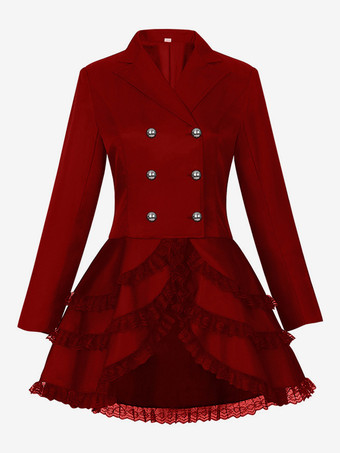 レッド ミドル丈パンクレディースゴシックジャカードダブルブレストスーツブラックスワローテイルコートヨーロッパアメリカ