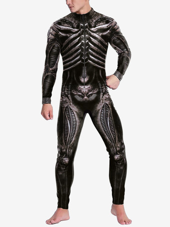 ディープブラウンパターニング全身タイツ ハロウィン キャットスーツコスチューム 未来的機械鎧ジャンプスーツ クールファイターコスプレボディスーツ 3Dプリント スチームパンク パーティーショー メンズ ゼンタイスーツ