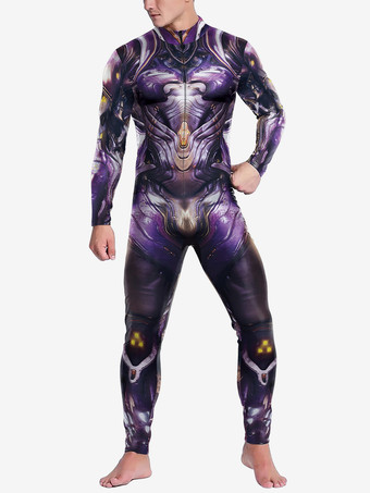パープル パターニング全身タイツ ハロウィン キャットスーツコスチューム 未来的機械鎧ジャンプスーツ クールファイターコスプレボディスーツ 3Dプリント スチームパンク パーティーショー メンズ ゼンタイスーツ