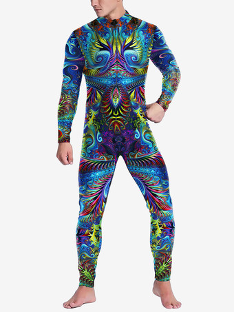 ブルー パターニング全身タイツ ハロウィン キャットスーツコスチューム 未来的機械鎧ジャンプスーツ クールファイターコスプレボディスーツ 3Dプリント スチームパンク パーティーショー メンズ ゼンタイスーツ