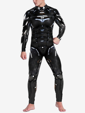 ブラック パターニング全身タイツ ハロウィン キャットスーツコスチューム 未来的機械鎧ジャンプスーツ クールファイターコスプレボディスーツ 3Dプリント スチームパンク パーティーショー メンズ ゼンタイスーツ