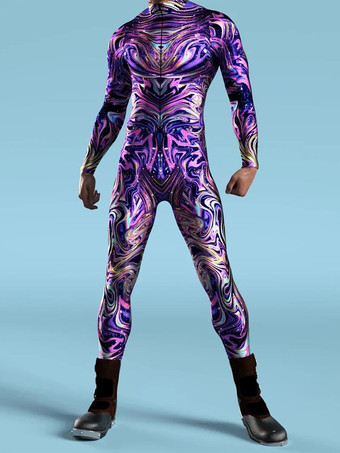 パープル パターニング全身タイツ ハロウィン 子供用 メンズ レディース ジャンプスーツ マシーン ゼンタイ スキニー コスチューム マルチカラープリント ボディスーツ パーティー フェスティバル 衣装 キャットスーツ フロントジッパー