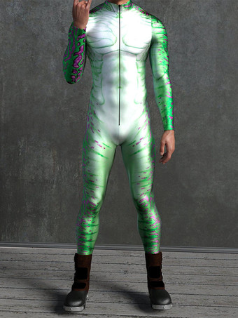 グリーン パターニング全身タイツ ハロウィン 子供用 メンズ レディース ジャンプスーツ マシーン ゼンタイ スキニー コスチューム マルチカラープリント ボディスーツ パーティー フェスティバル 衣装 キャットスーツ フロントジッパー