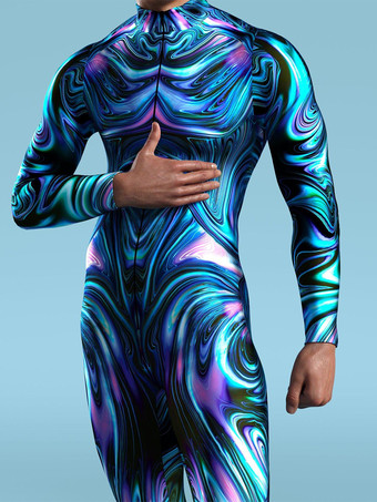 パターニング全身タイツ ハロウィン 子供用 メンズ レディース ジャンプスーツ マシーン ゼンタイ スキニー コスチューム マルチカラープリント ボディスーツ パーティー フェスティバル 衣装 キャットスーツ フロントジッパー